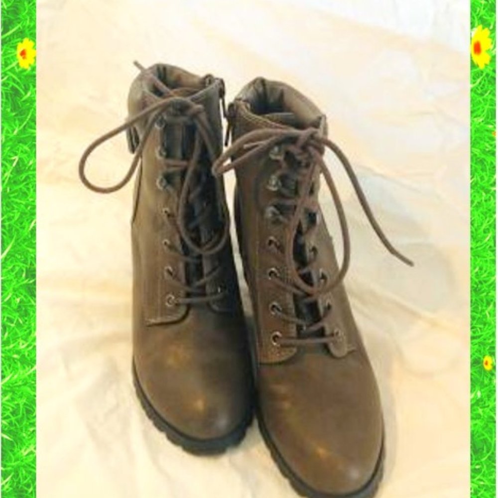 Gray Faux Leather Heeled Combat Boots